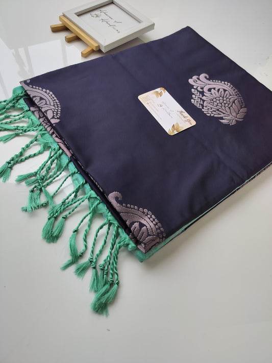 Vegan Silk Saree - Navy and Turquoise