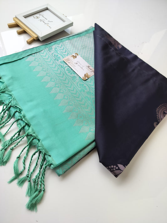 Vegan Silk Saree - Navy and Turquoise
