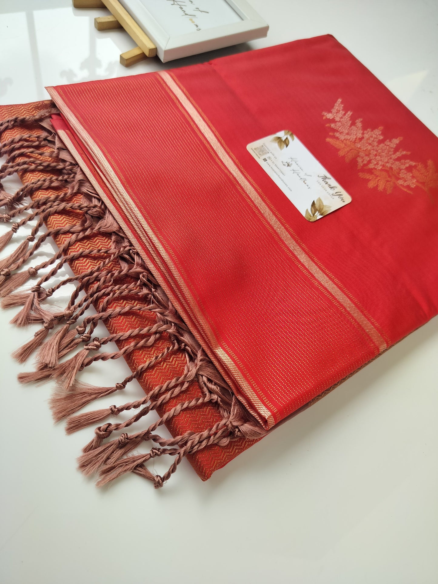 Vegan Silk Saree - Tomato Red Pastel Brown