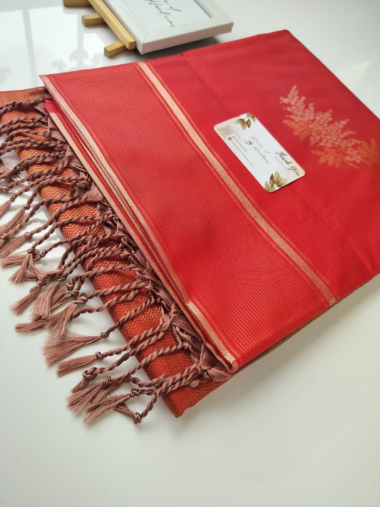 Vegan Silk Saree - Tomato Red Pastel Brown