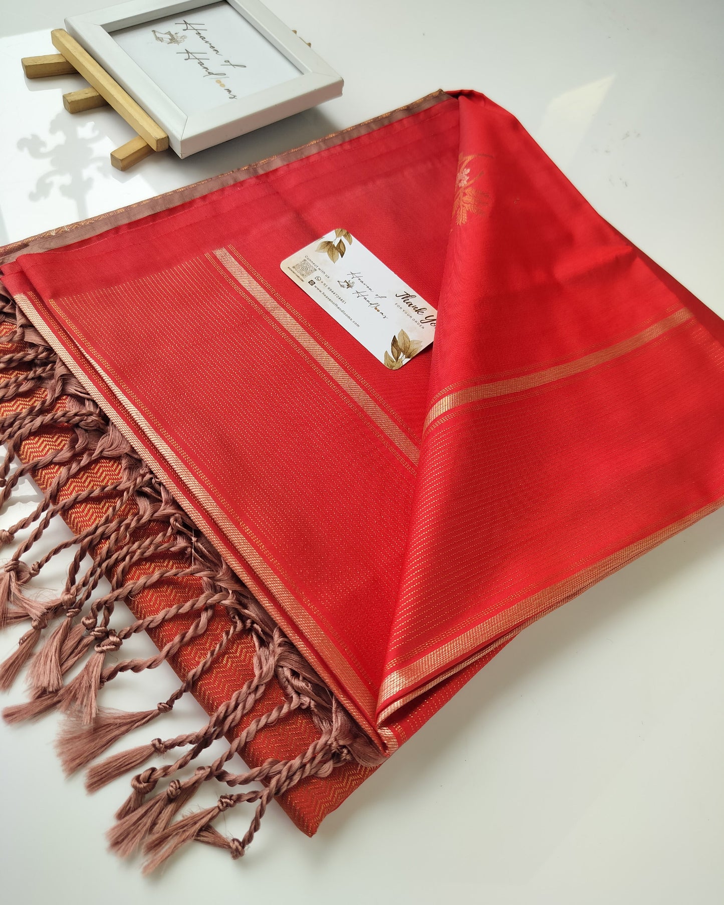 Vegan Silk Saree - Tomato Red Pastel Brown