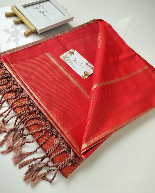 Vegan Silk Saree - Tomato Red Pastel Brown
