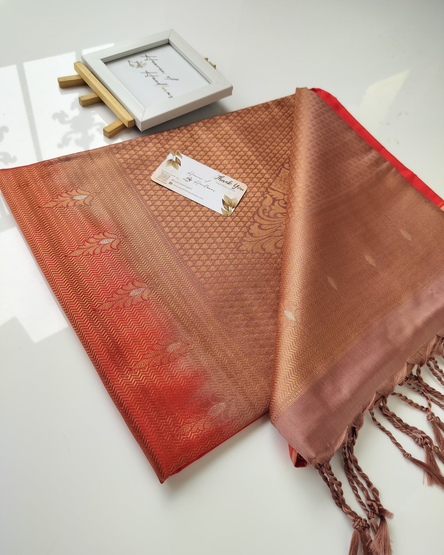Vegan Silk Saree - Tomato Red Pastel Brown