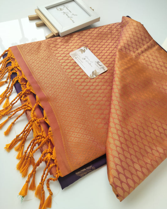 Vegan Silk Saree - Black Currant Peacock Motif