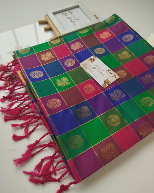 Vegan Silk Saree - Palumpalam Kanchi  Blue Kattam