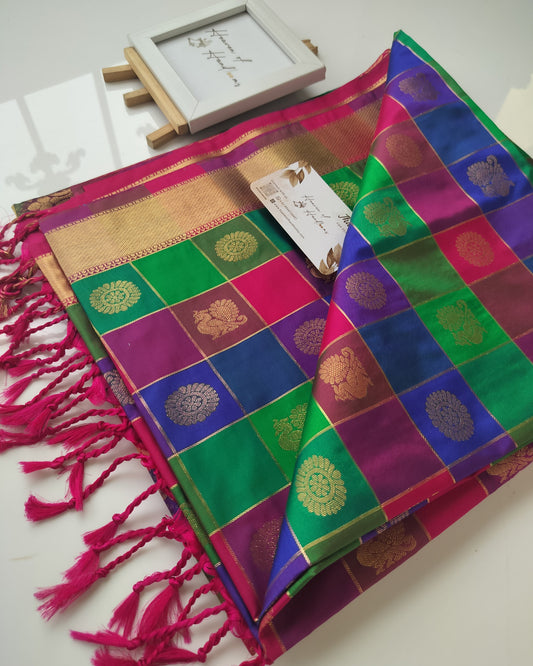 Vegan Silk Saree - Palumpalam Kanchi  Blue Kattam