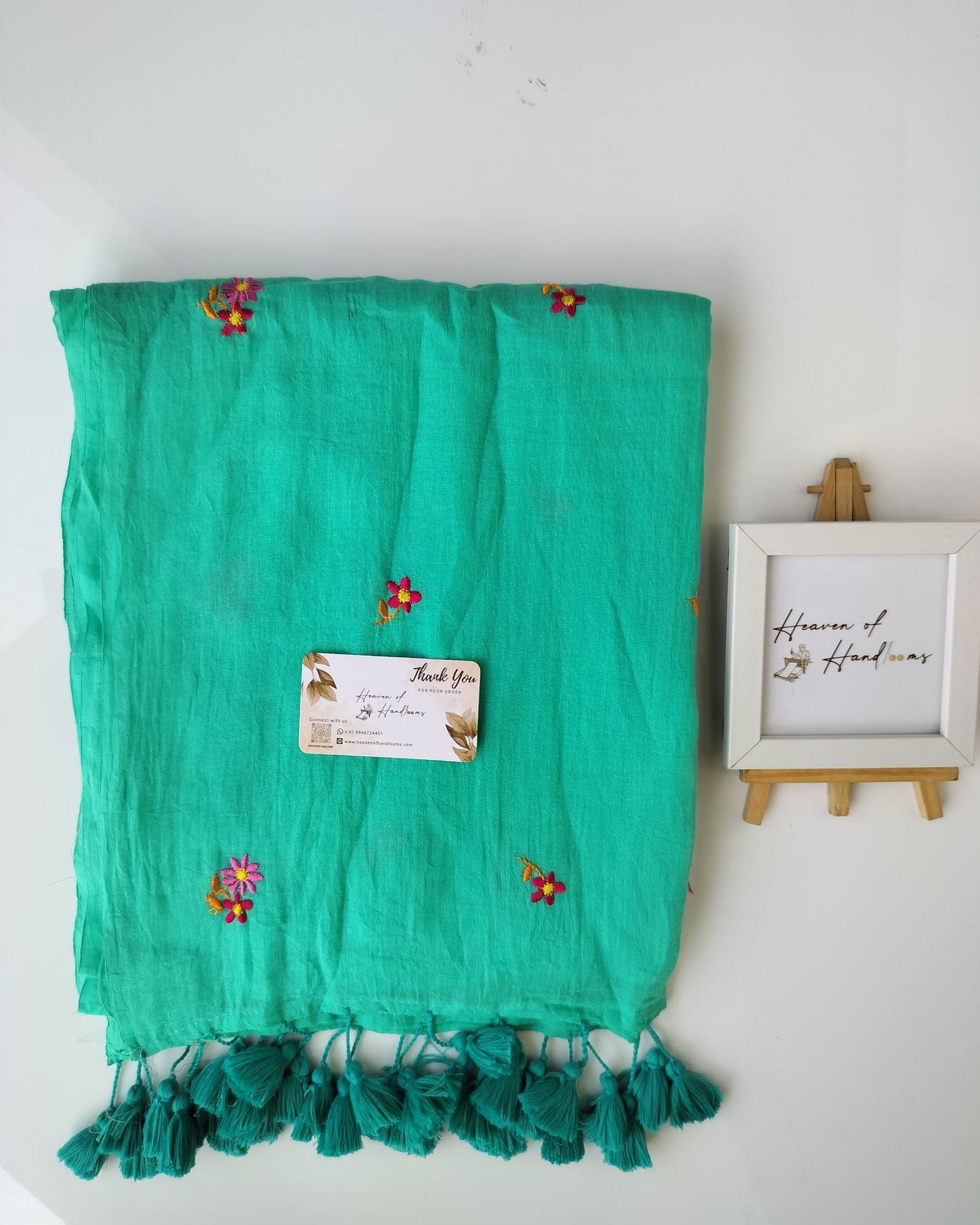 Embroidery Saree - Sea Green Tiny Poo