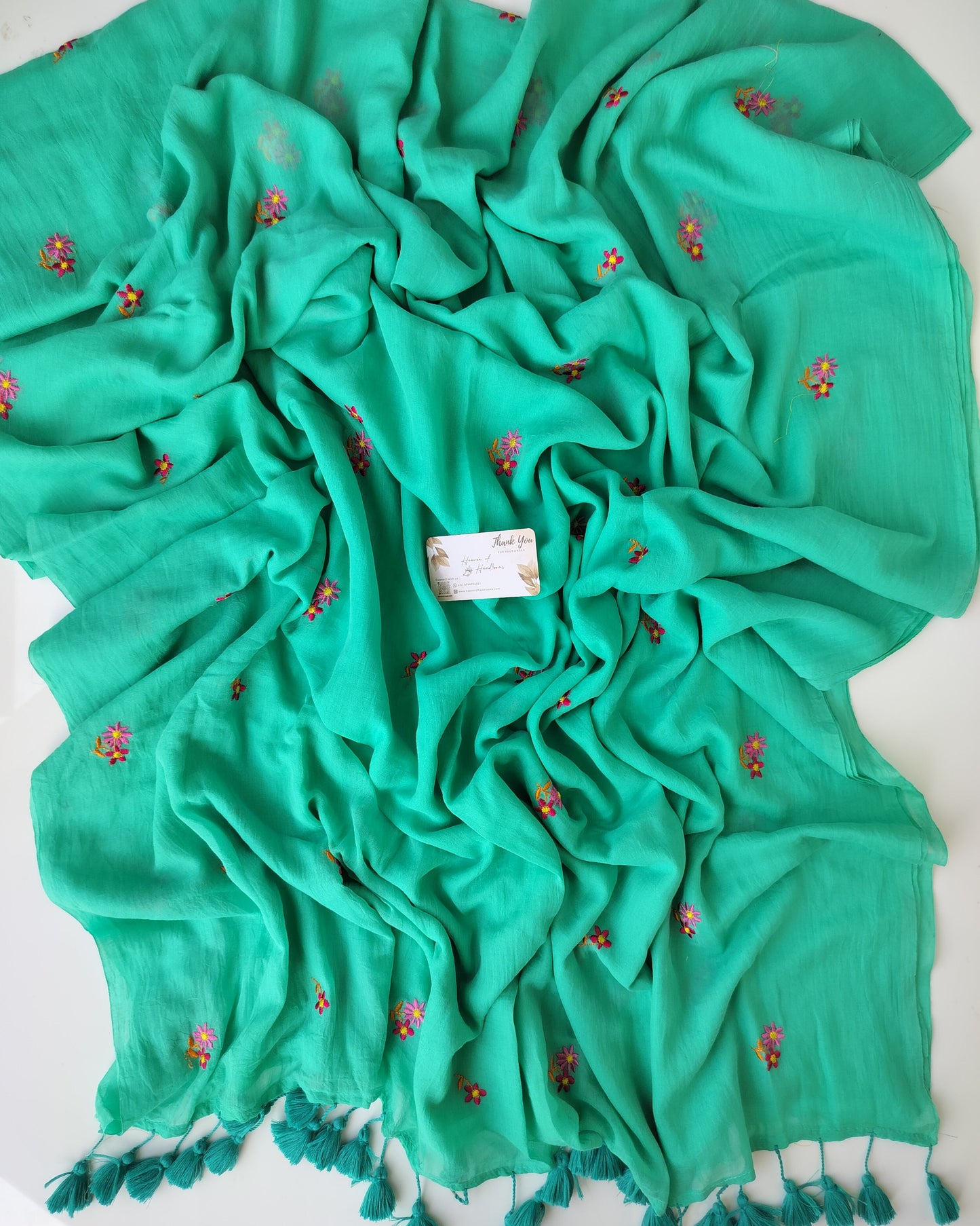 Embroidery Saree - Sea Green Tiny Poo