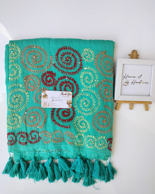Festive Saree - Sea Green Kantha