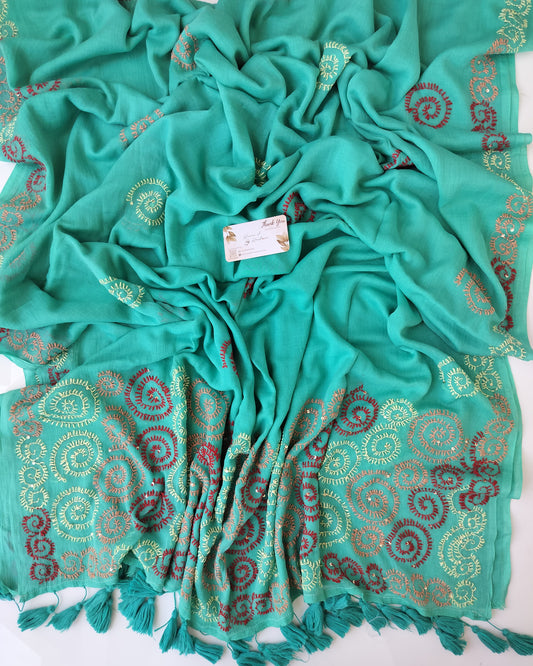 Festive Saree - Sea Green Kantha