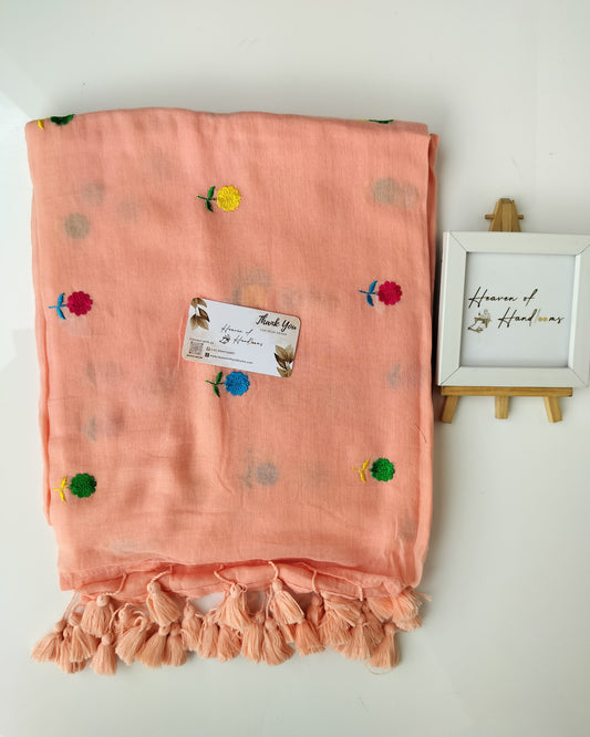 Embroidery Saree - Peach Small Flower