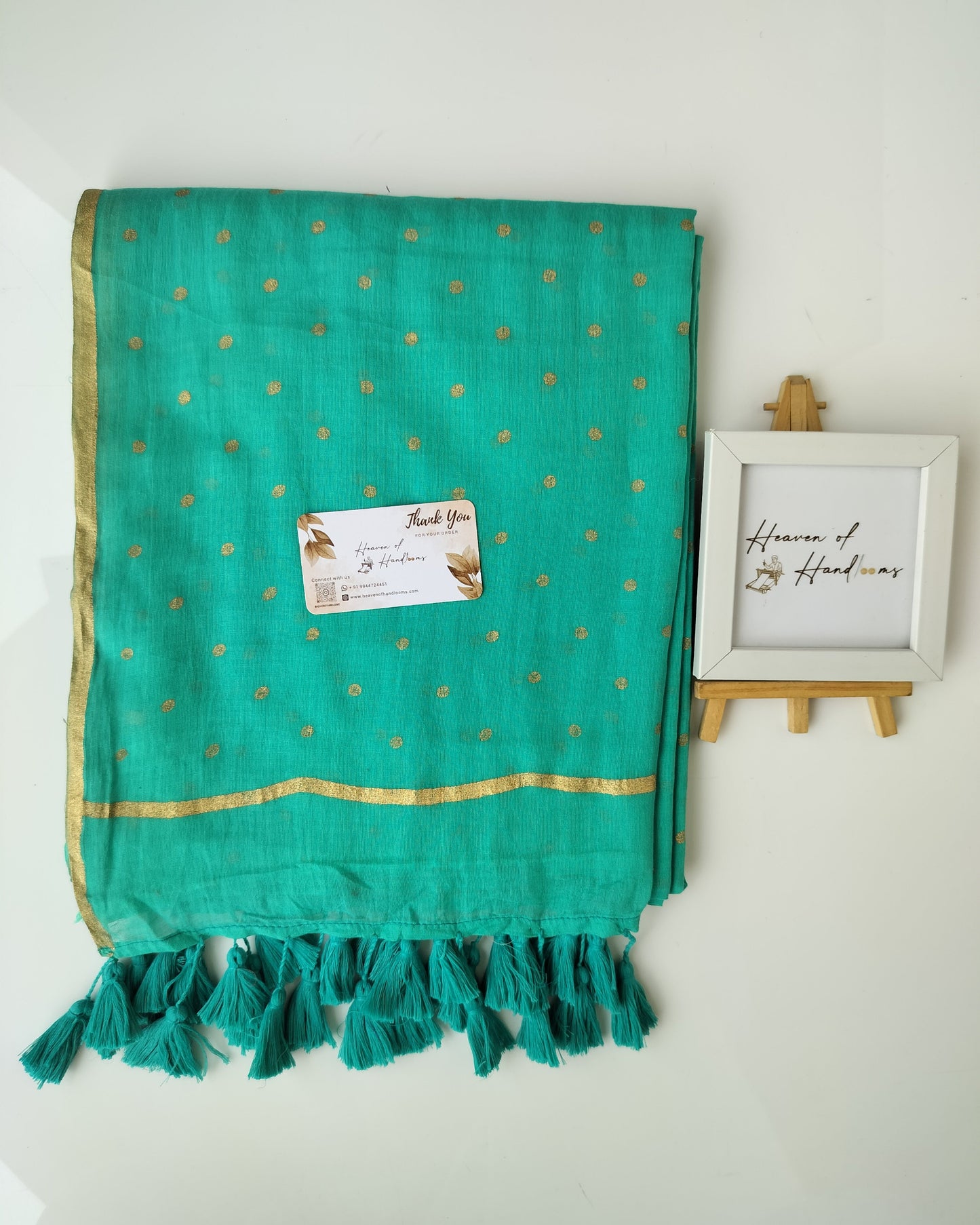 Printed Saree - Sea Green with Golden Polka Dot