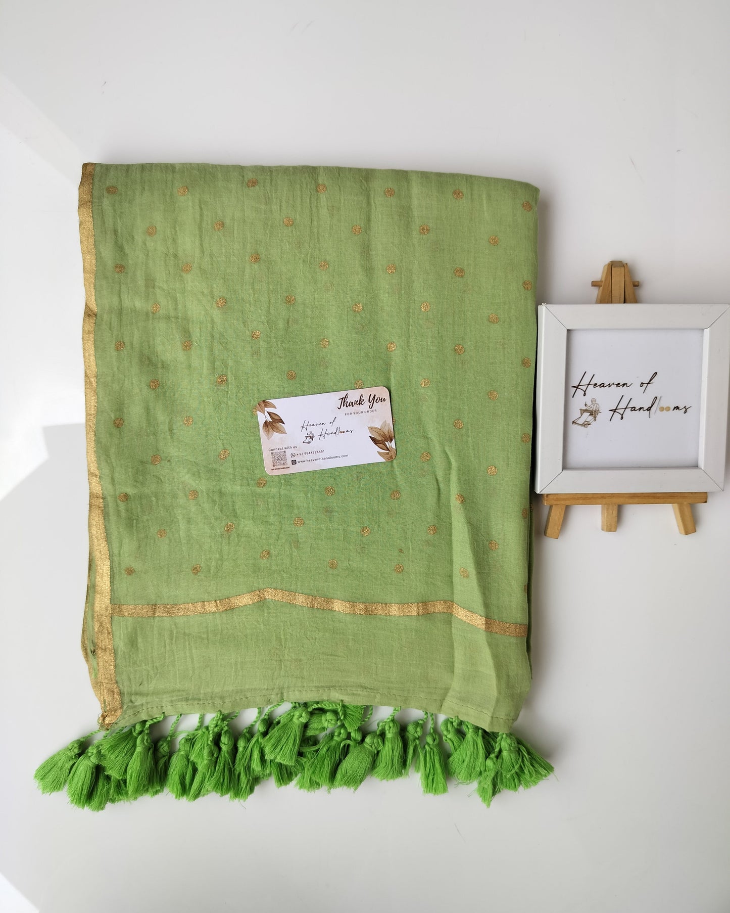 Printed Saree - Pista Green with Golden Polka Dot