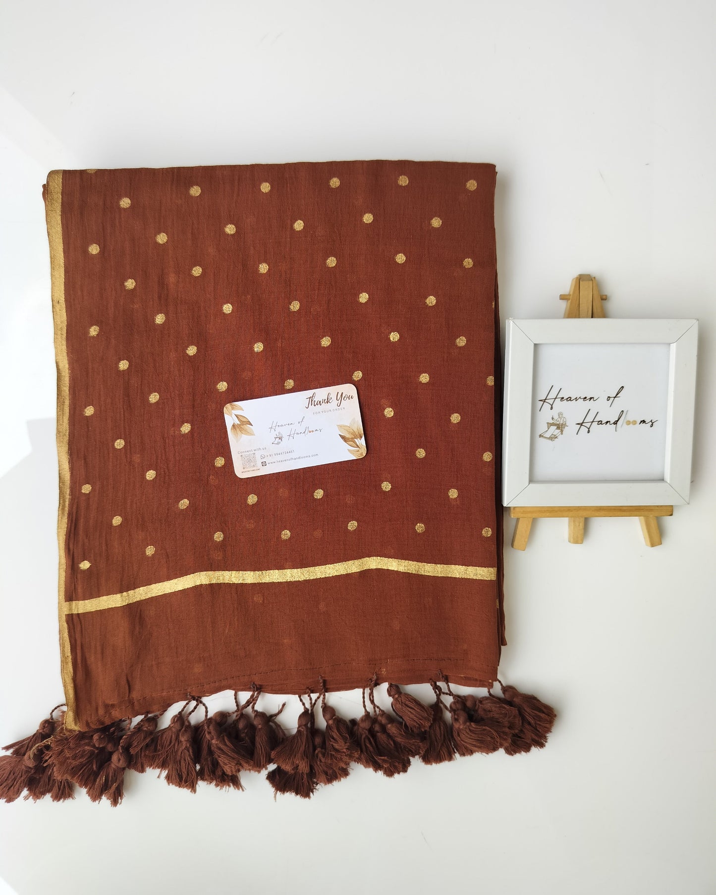 Printed Saree - Brown  with Golden Polka Dot