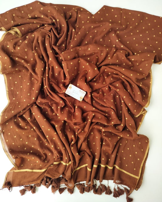 Printed Saree - Brown  with Golden Polka Dot