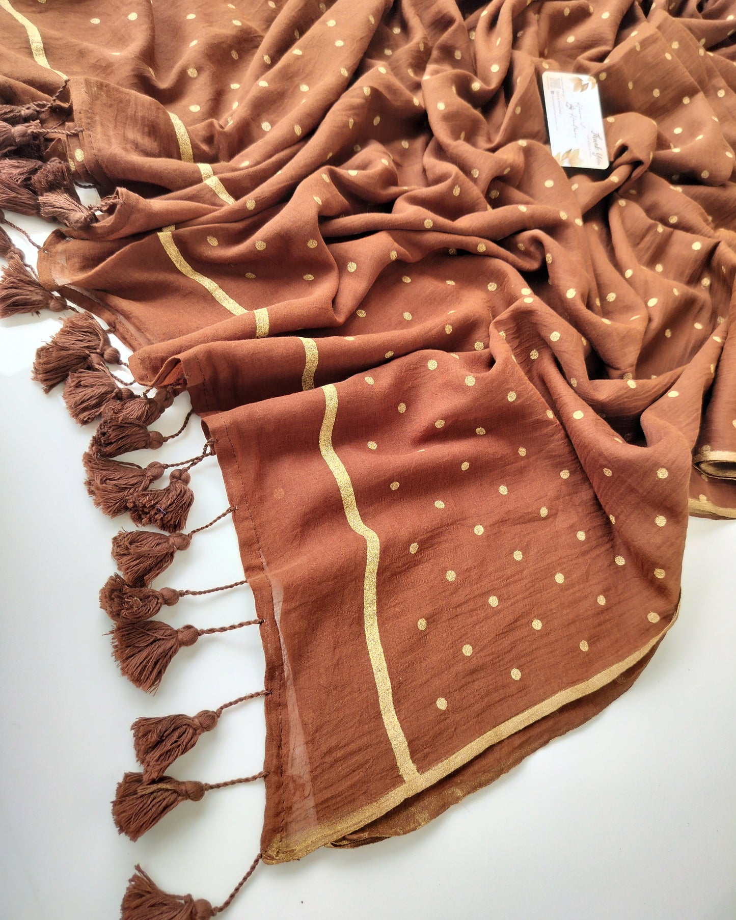 Printed Saree - Brown  with Golden Polka Dot