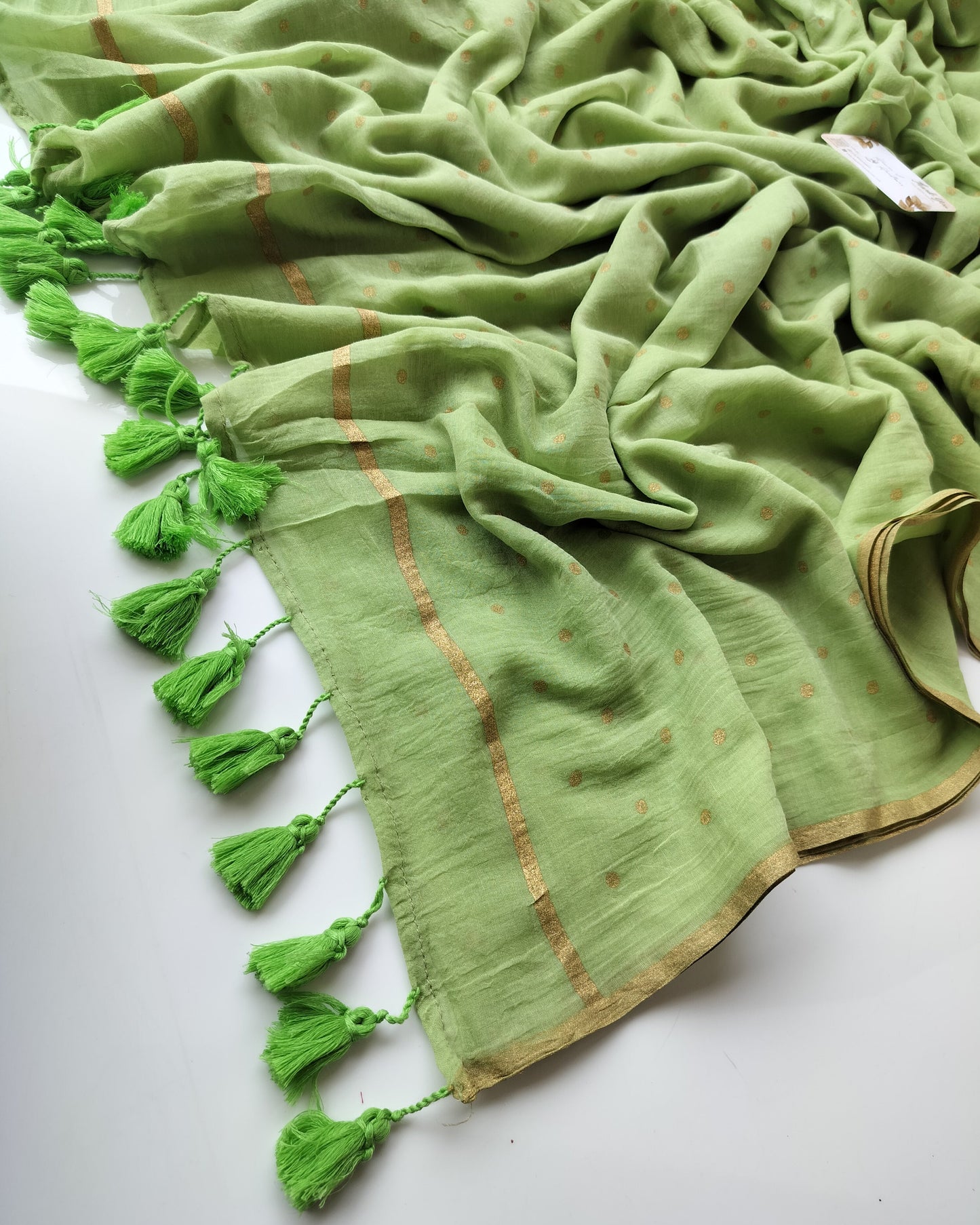 Printed Saree - Pista Green with Golden Polka Dot