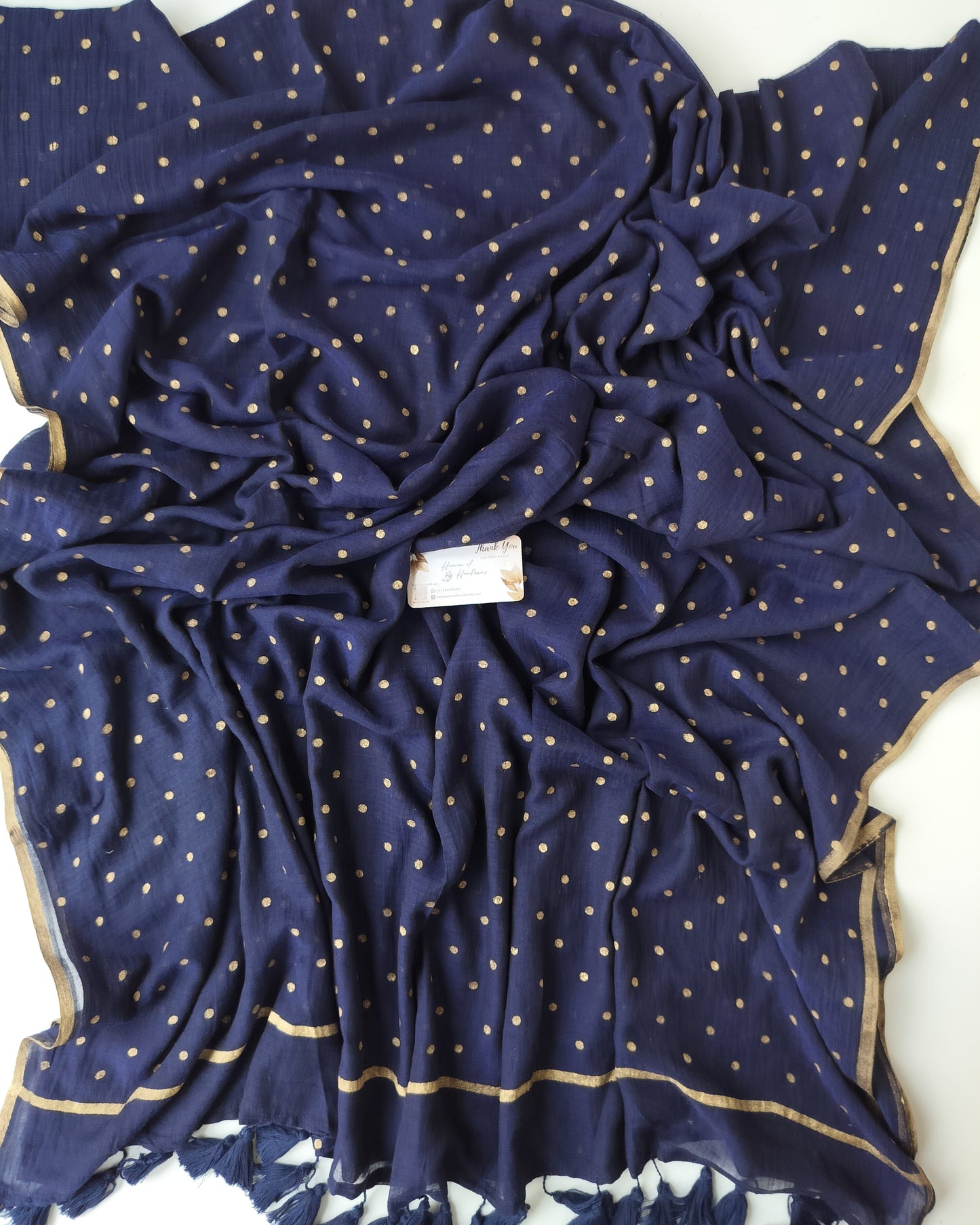 Printed Saree - Navy with Golden Polka Dot