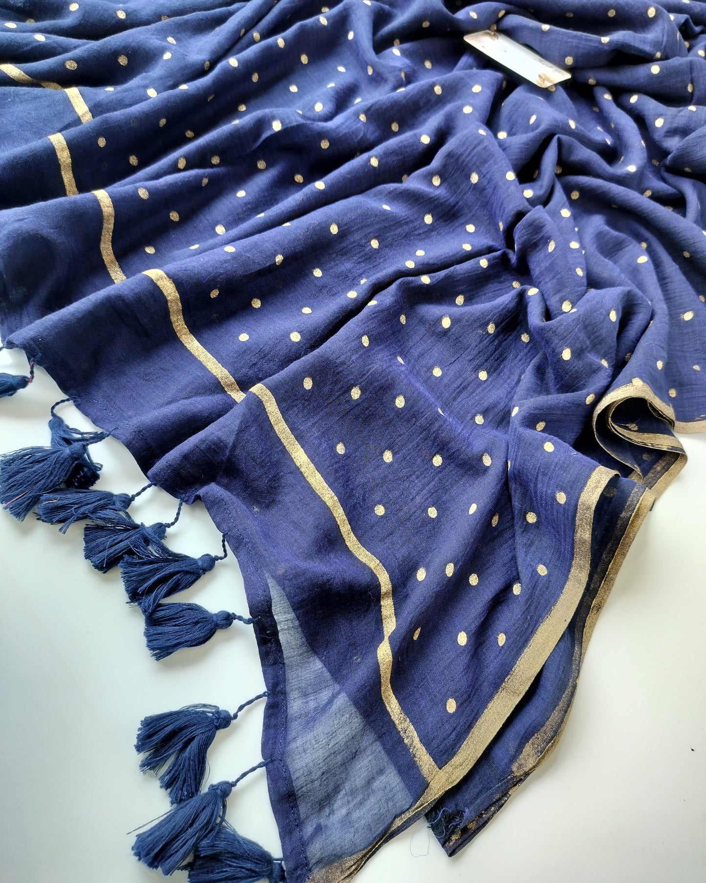 Printed Saree - Navy with Golden Polka Dot