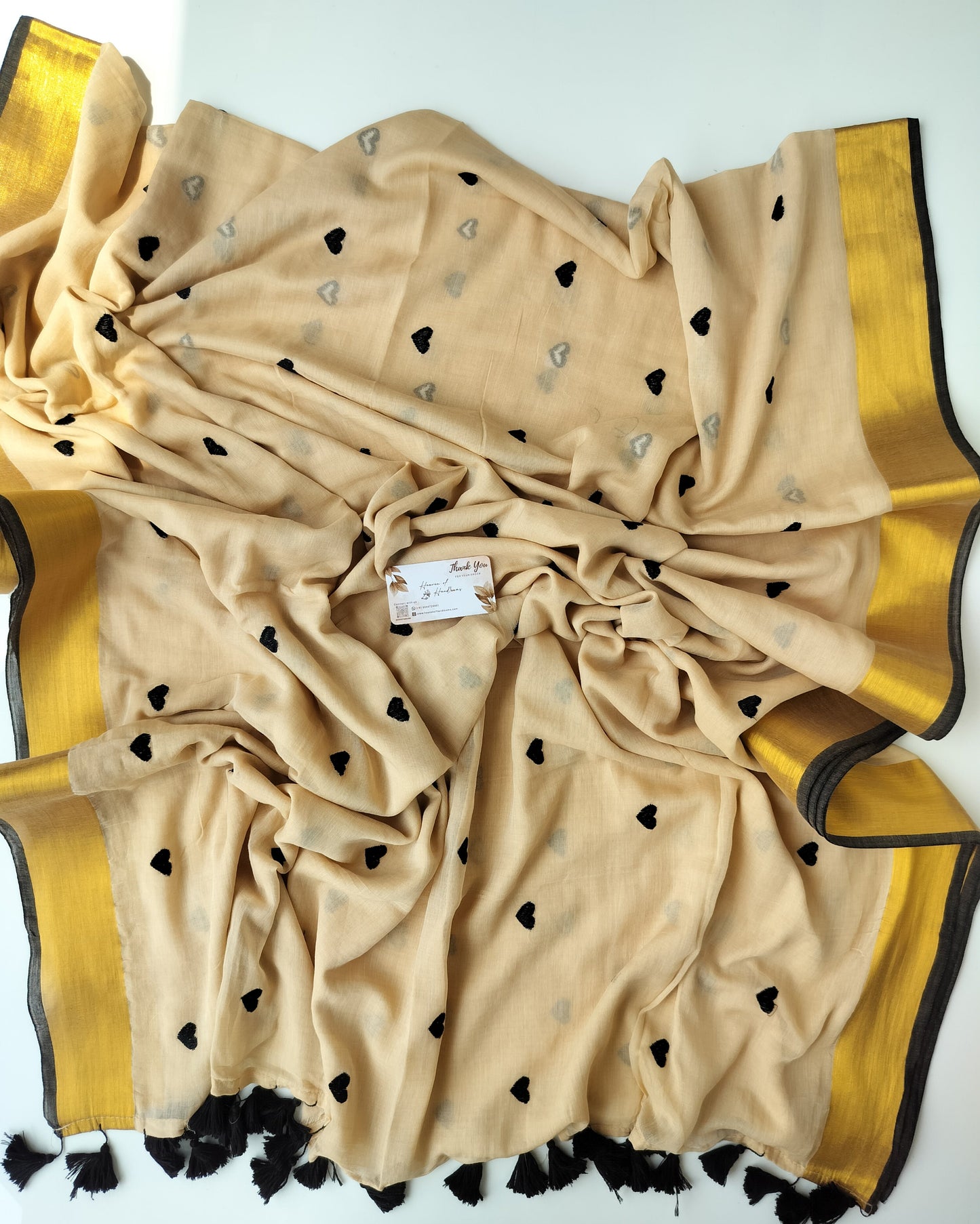 Onam-Vishu Saree - Cream Black Heart