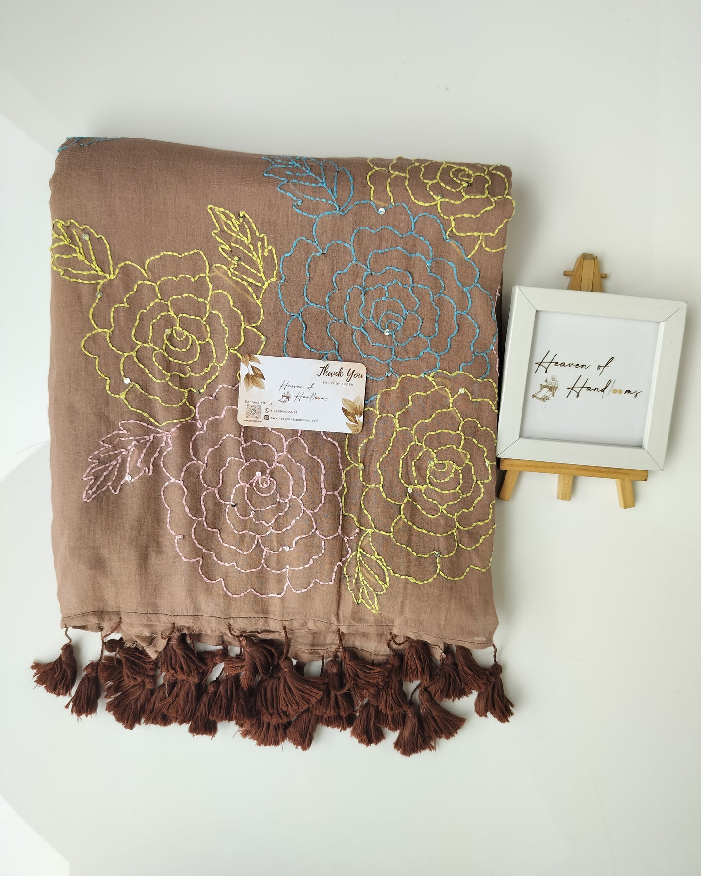 Festive Saree - Flower Kantha Stitch Brown
