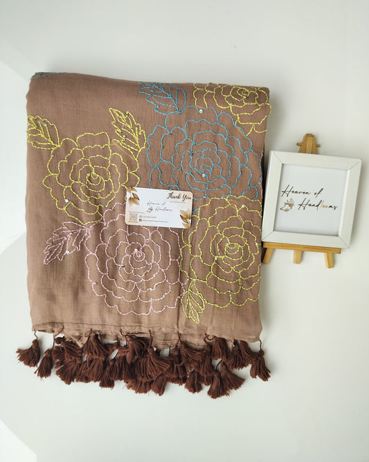 Festive Saree - Flower Kantha Stitch Brown
