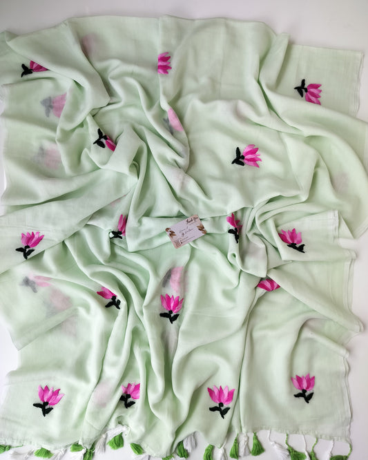 Festive Saree - Hand Stich Lotus Cream