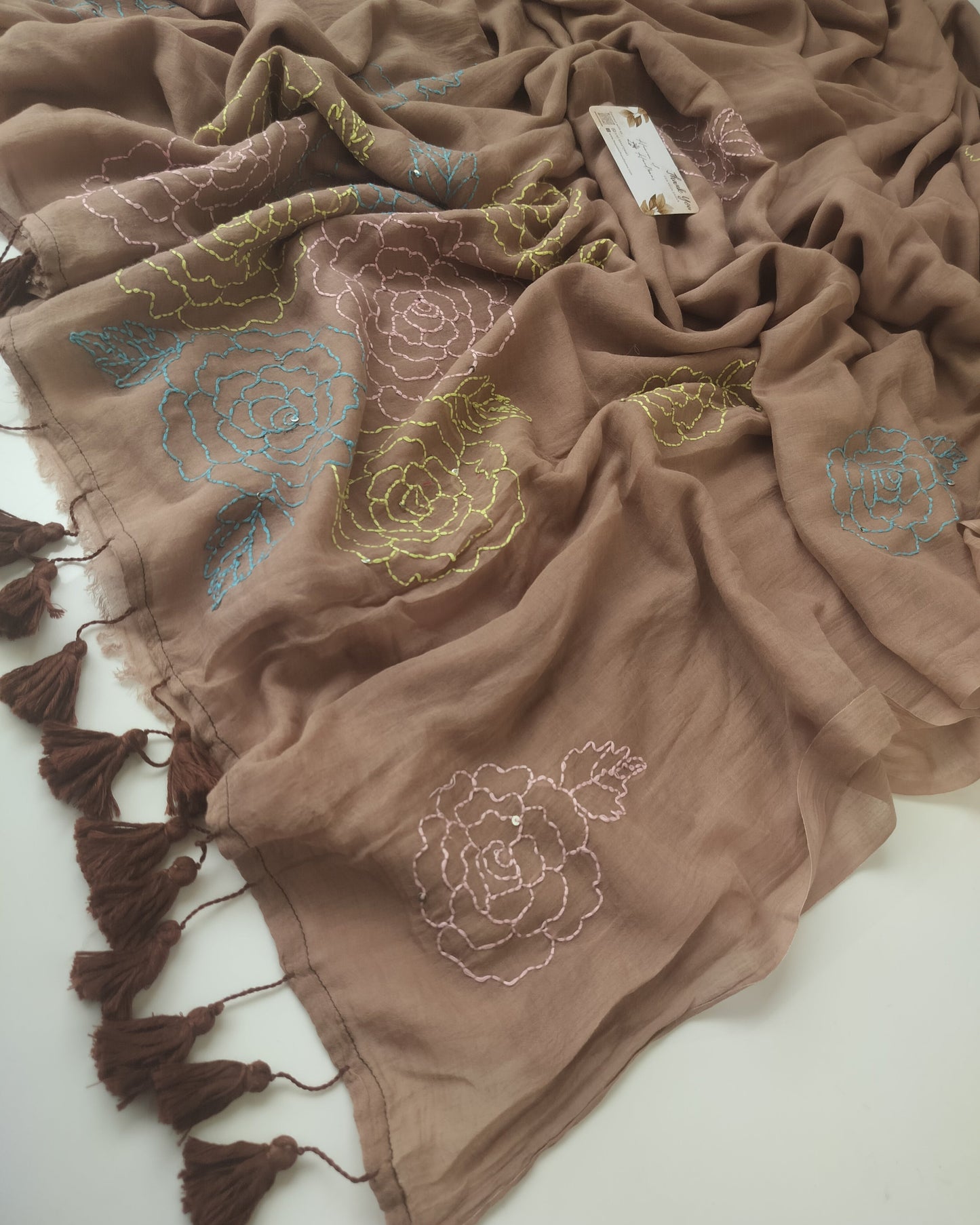 Festive Saree - Flower Kantha Stitch Brown