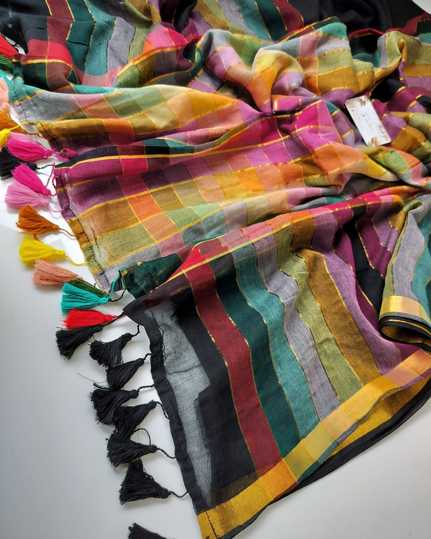 Festive Saree - Black Rainbow Shaded Stripe