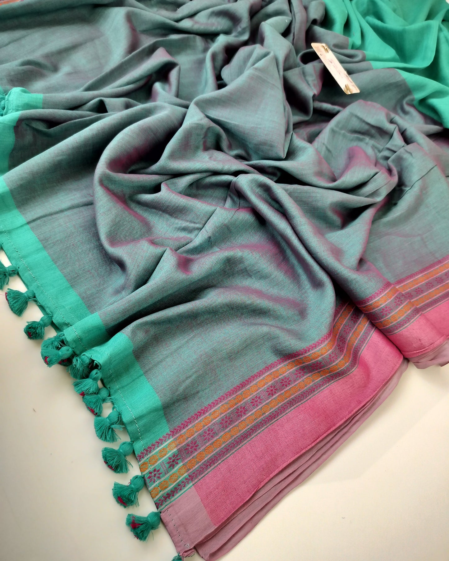 Festive Saree - Sea Green Cotton