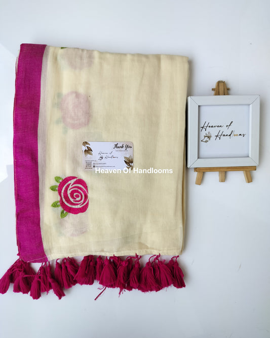 Embroidery Saree - Cream Rose