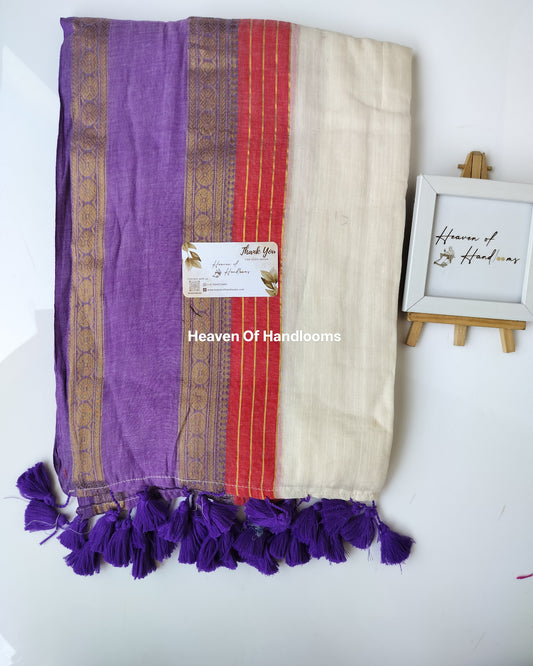 Onam-Vishu Saree - Off White Purple and Red Border