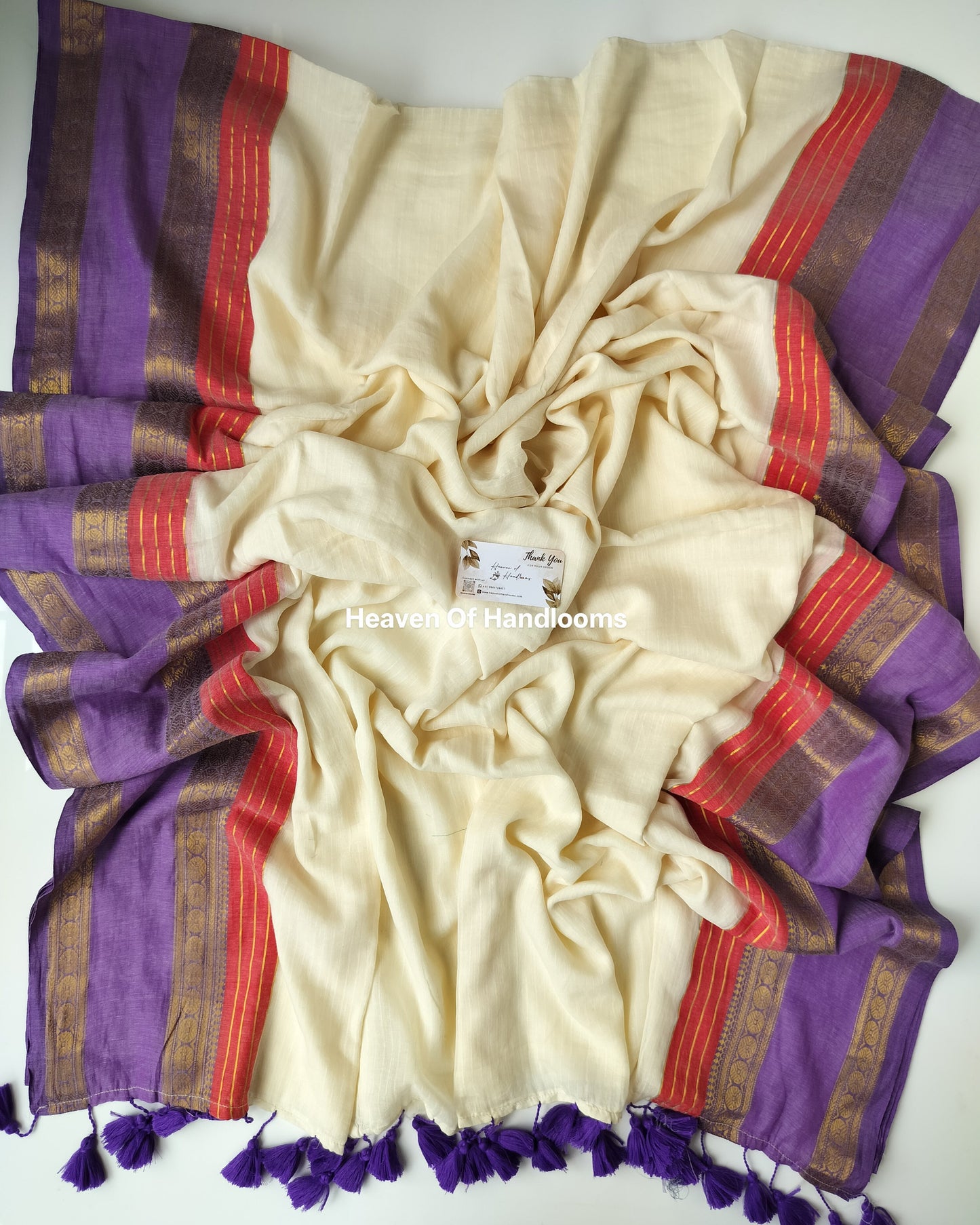 Onam-Vishu Saree - Off White Purple and Red Border