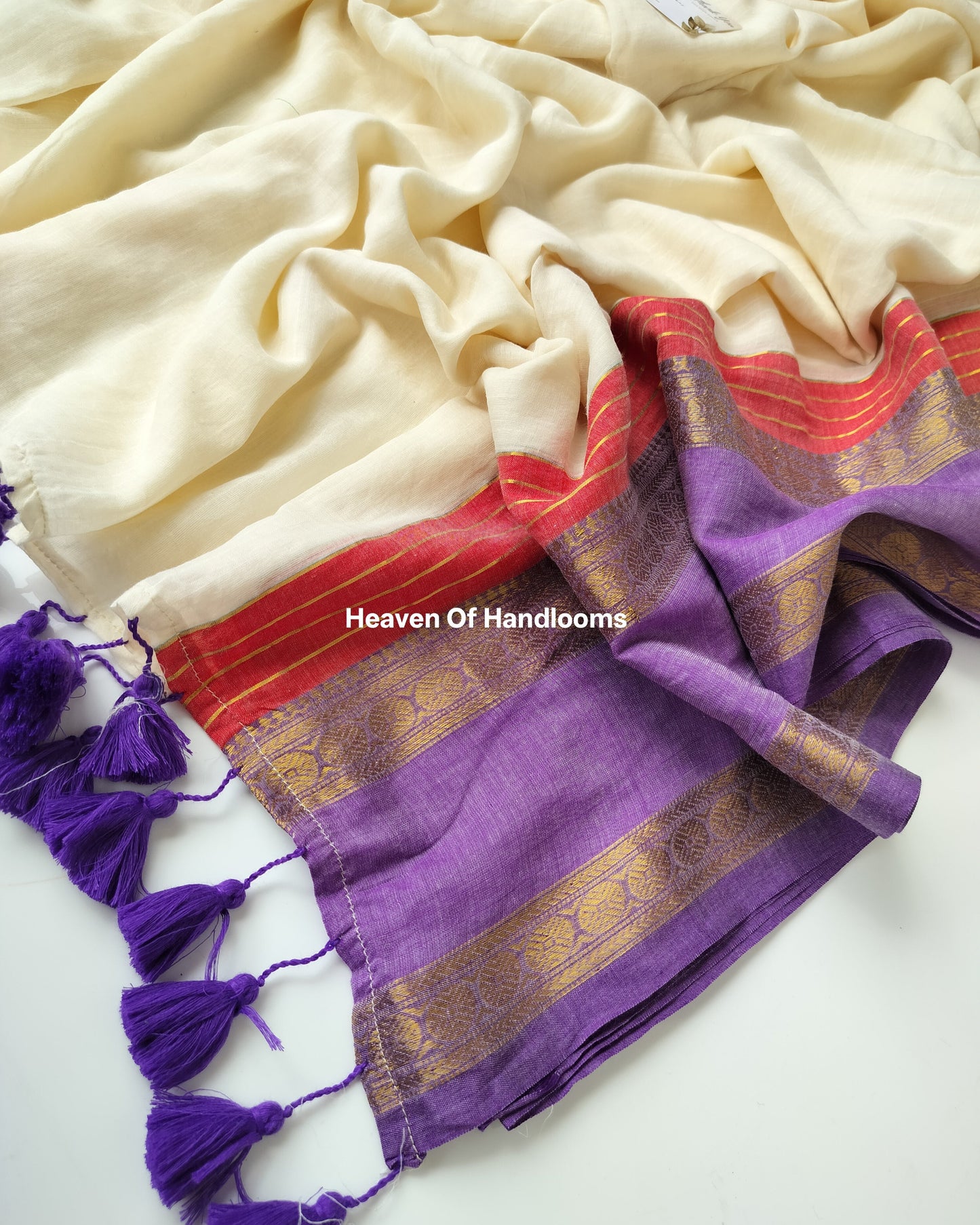 Onam-Vishu Saree - Off White Purple and Red Border