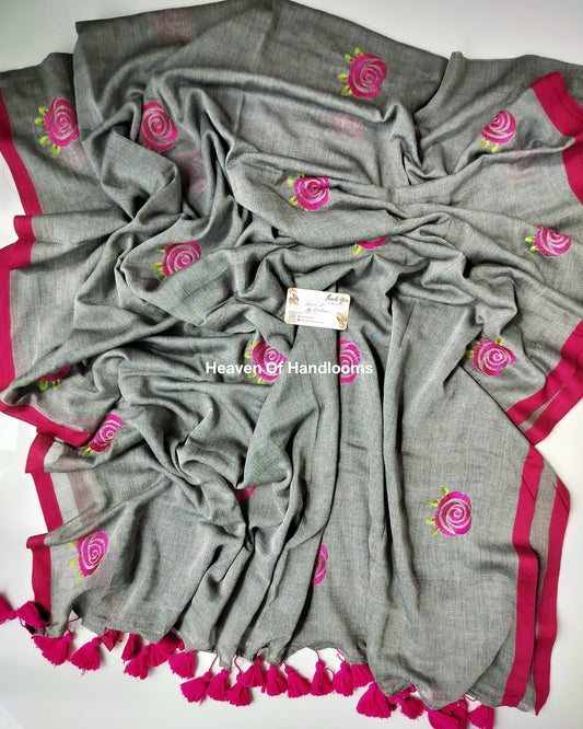 Embroidery Saree - Grey Shaded Rose