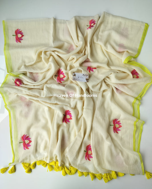 Embroidery Saree - Lotus Lemon Border