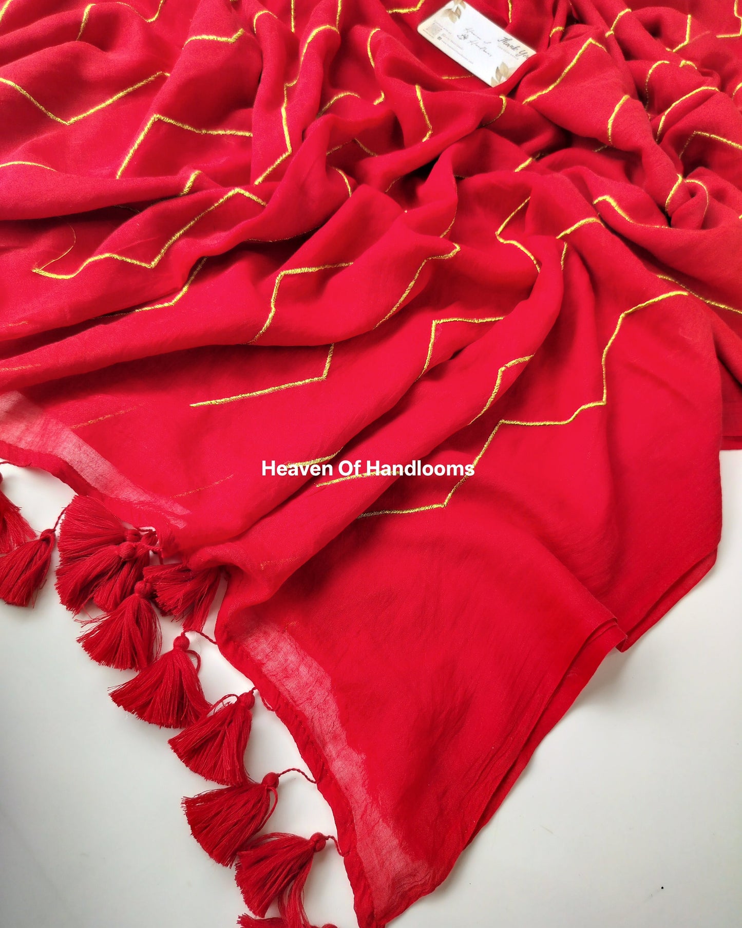 Embroidery Saree - Red Zigzag