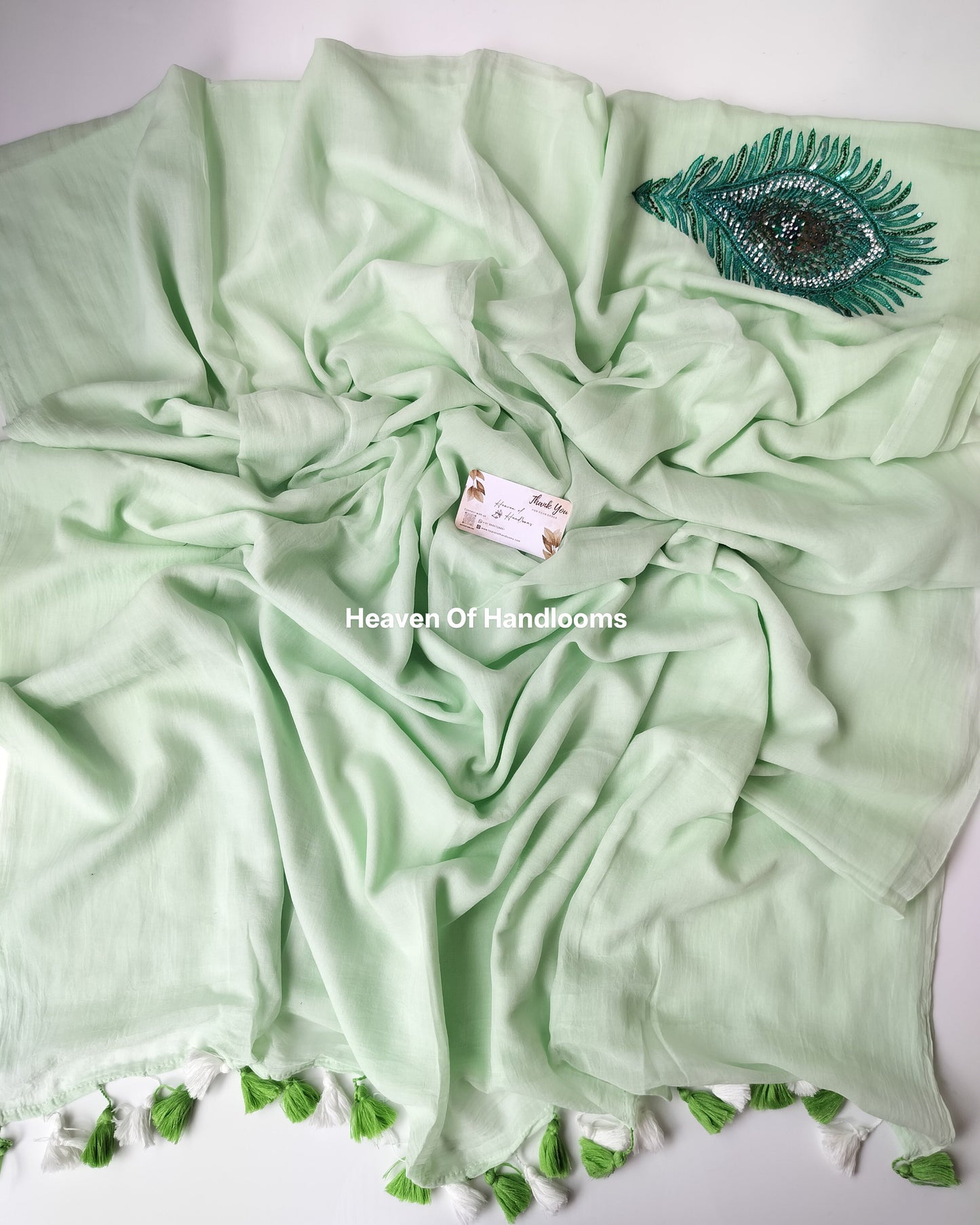 Premium Hand Stitch - Mint Real Peacock Feather