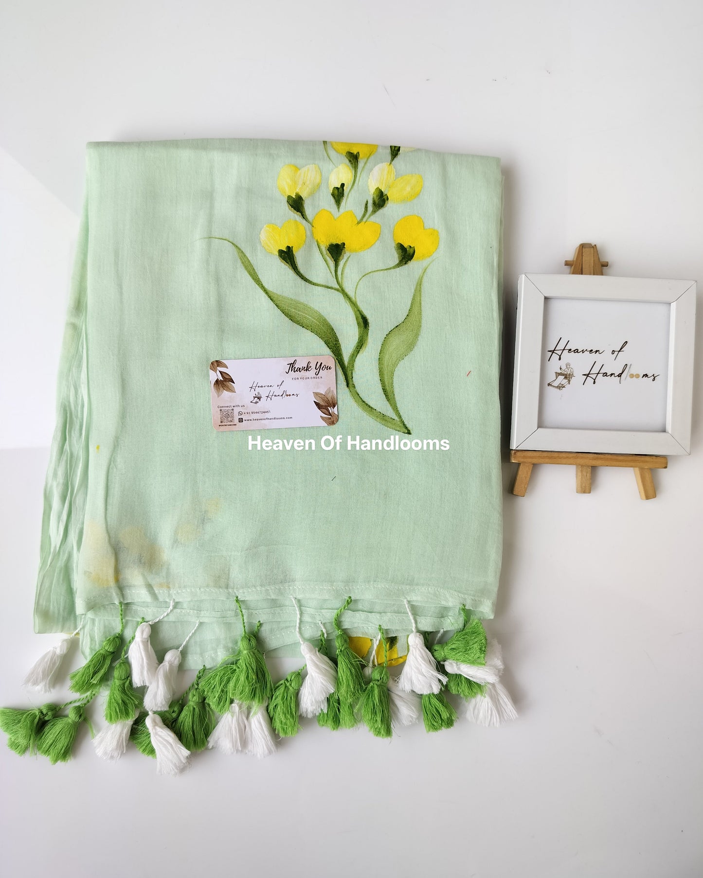 Hand Painted Saree - Mint Yellow Bunch