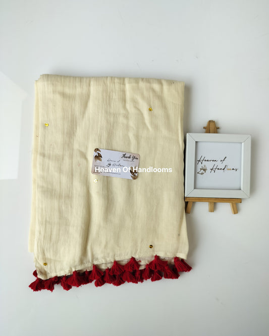 Festive Saree - Cream Gini Maroon Tassels