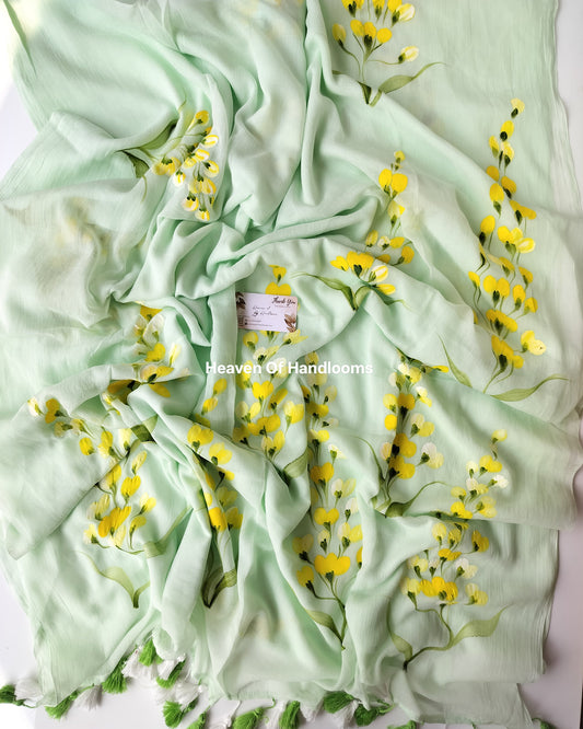 Hand Painted Saree - Mint Yellow Bunch