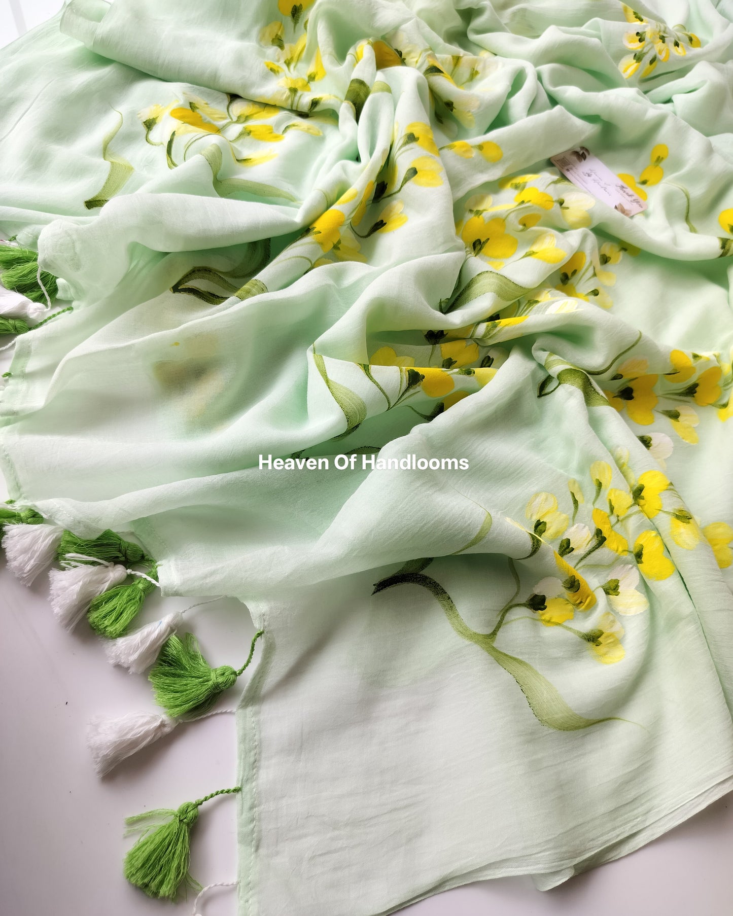 Hand Painted Saree - Mint Yellow Bunch