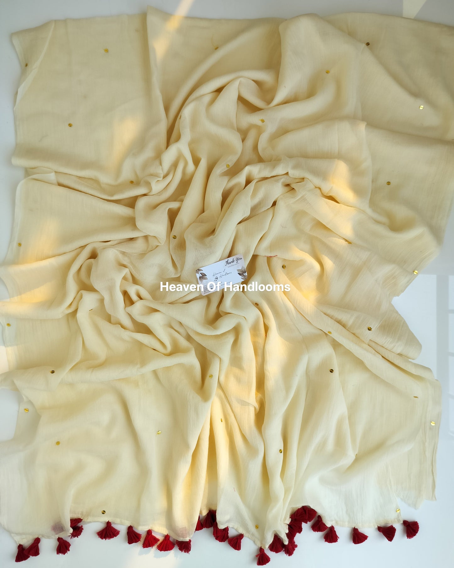 Festive Saree - Cream Gini Maroon Tassels