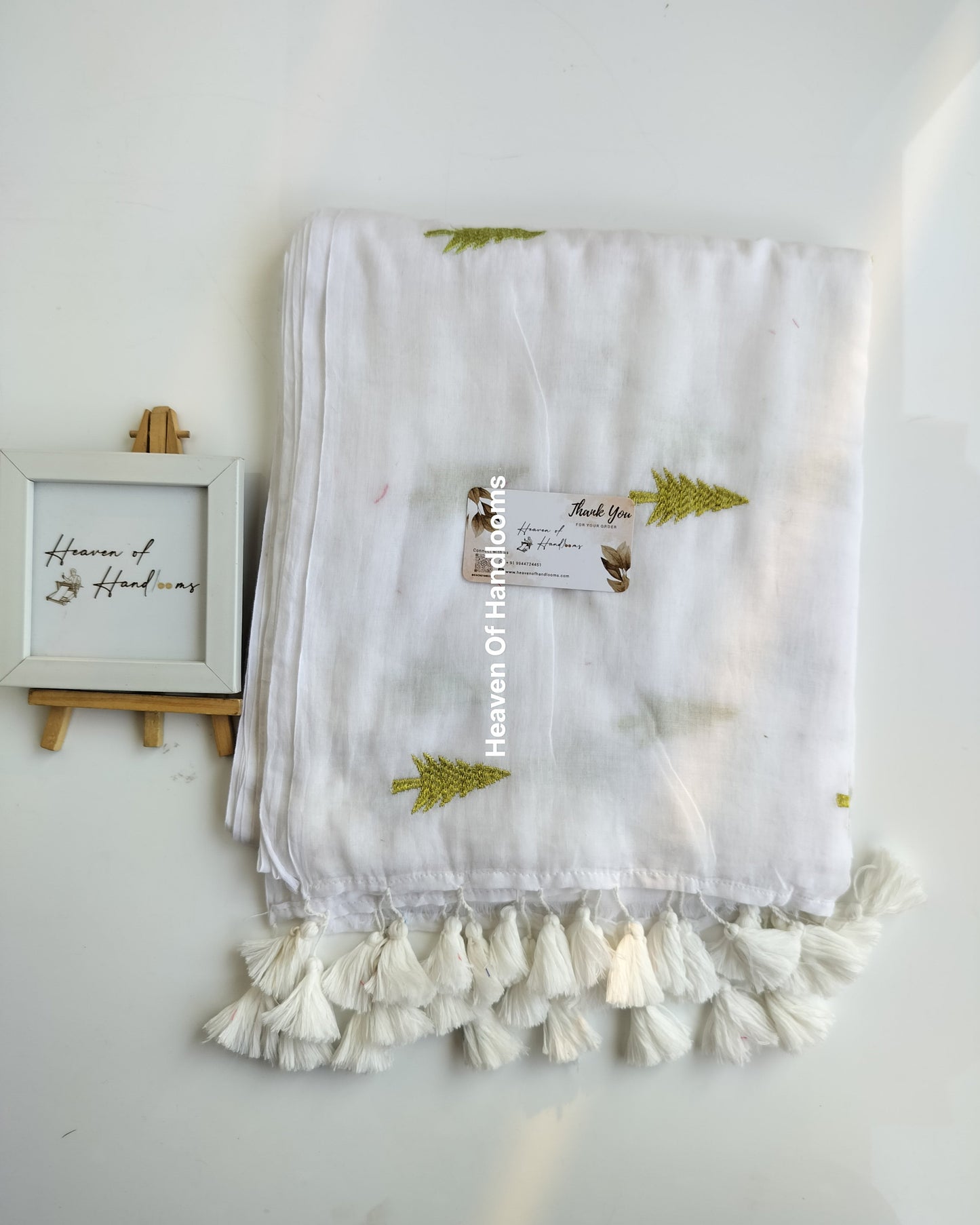 Embroidery Saree - White Christmas Tree