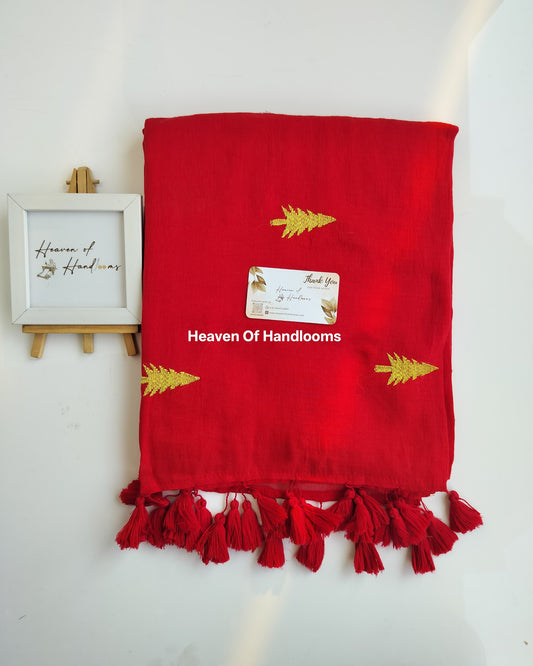 Embroidery Saree - Red Christmas Tree