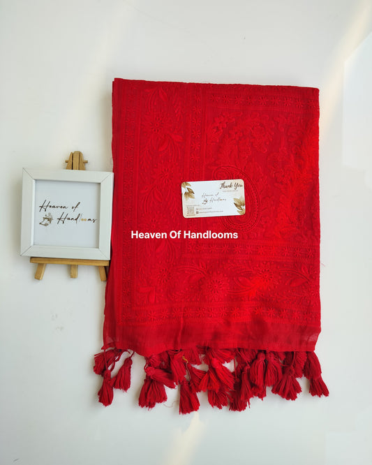Festive Saree -  Hot Red Chikankari Embroidery