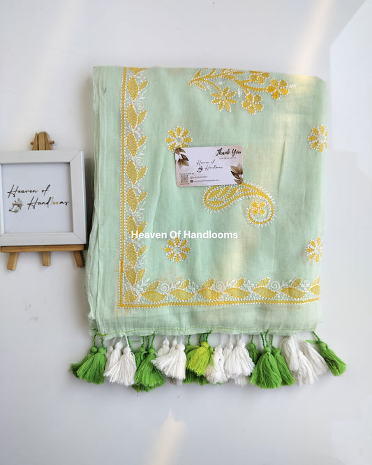 Festive Saree - Mint Yellow Chikankari Embroidery