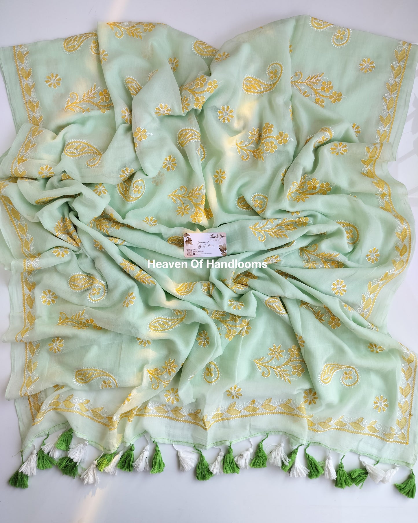 Festive Saree - Mint Yellow Chikankari Embroidery