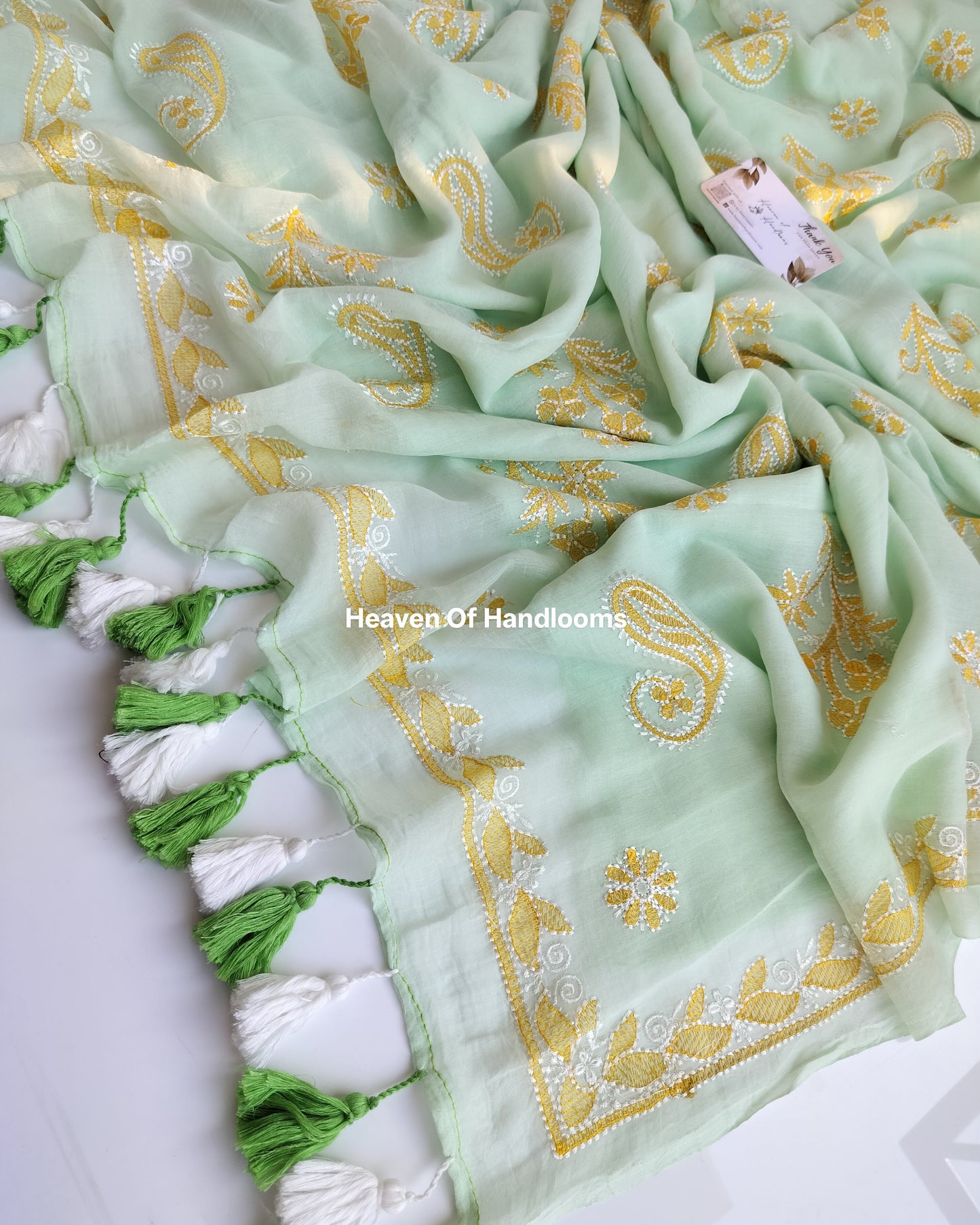 Festive Saree - Mint Yellow Chikankari Embroidery