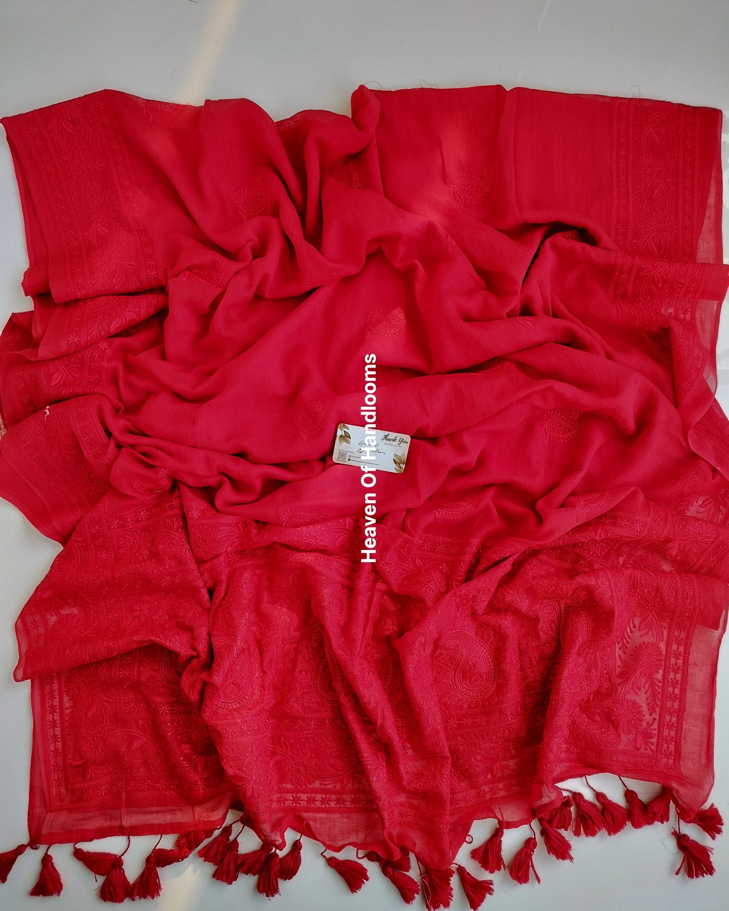 Festive Saree -  Hot Red Chikankari Embroidery